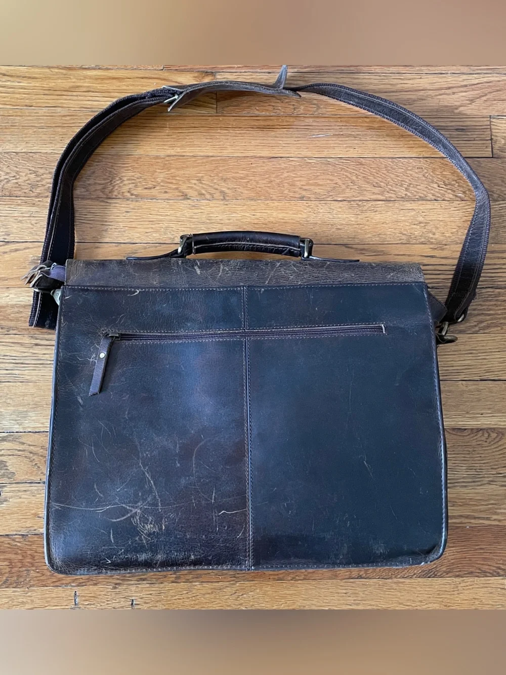 Distressed Brown Leather Messenger Bag with Adjustable Strap